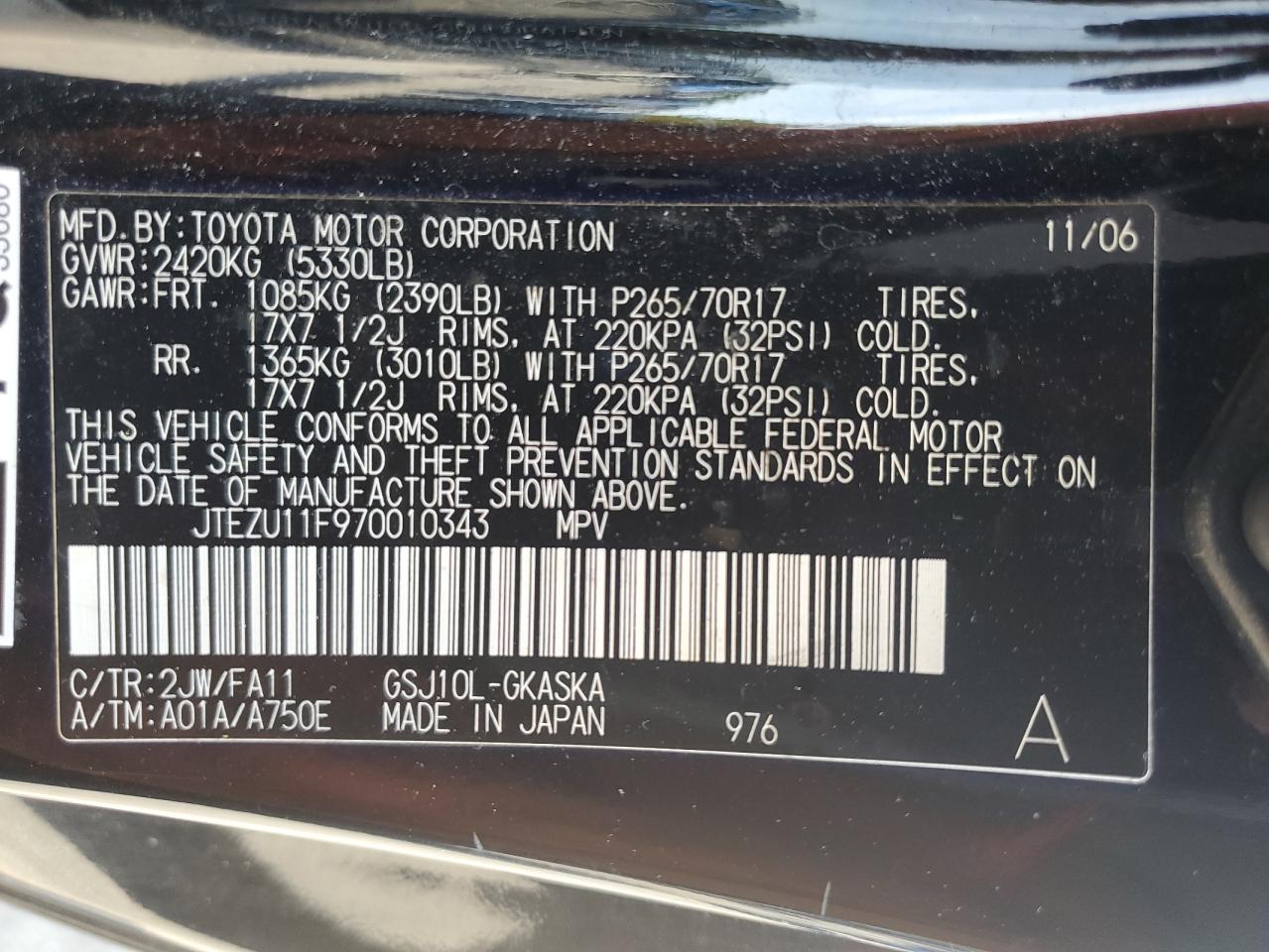 2007 Toyota Fj Cruiser VIN: JTEZU11F970010343 Lot: 60418915