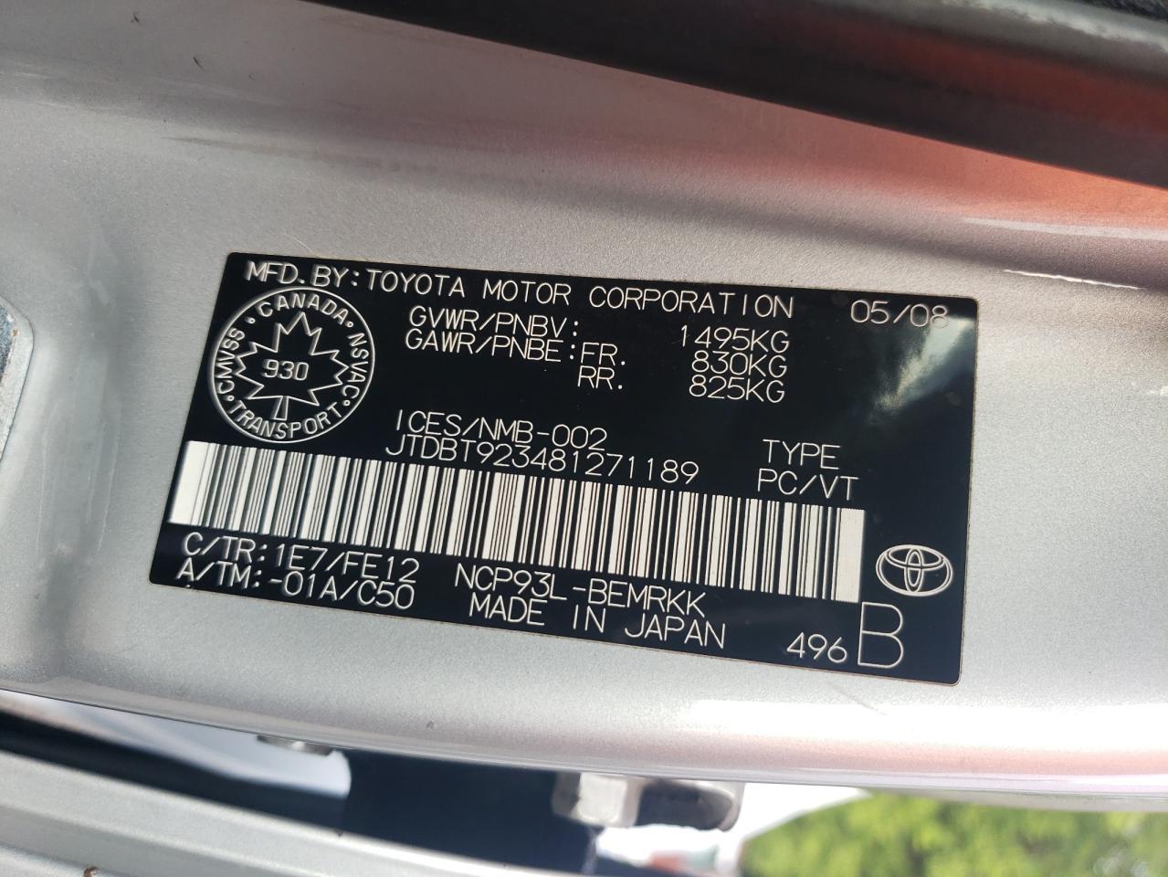 2008 Toyota Yaris VIN: JTDBT923481271189 Lot: 62078795
