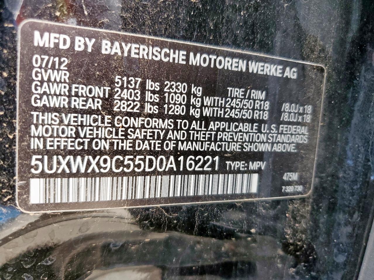 2013 BMW X3 xDrive28I VIN: 5UXWX9C55D0A16221 Lot: 59466965