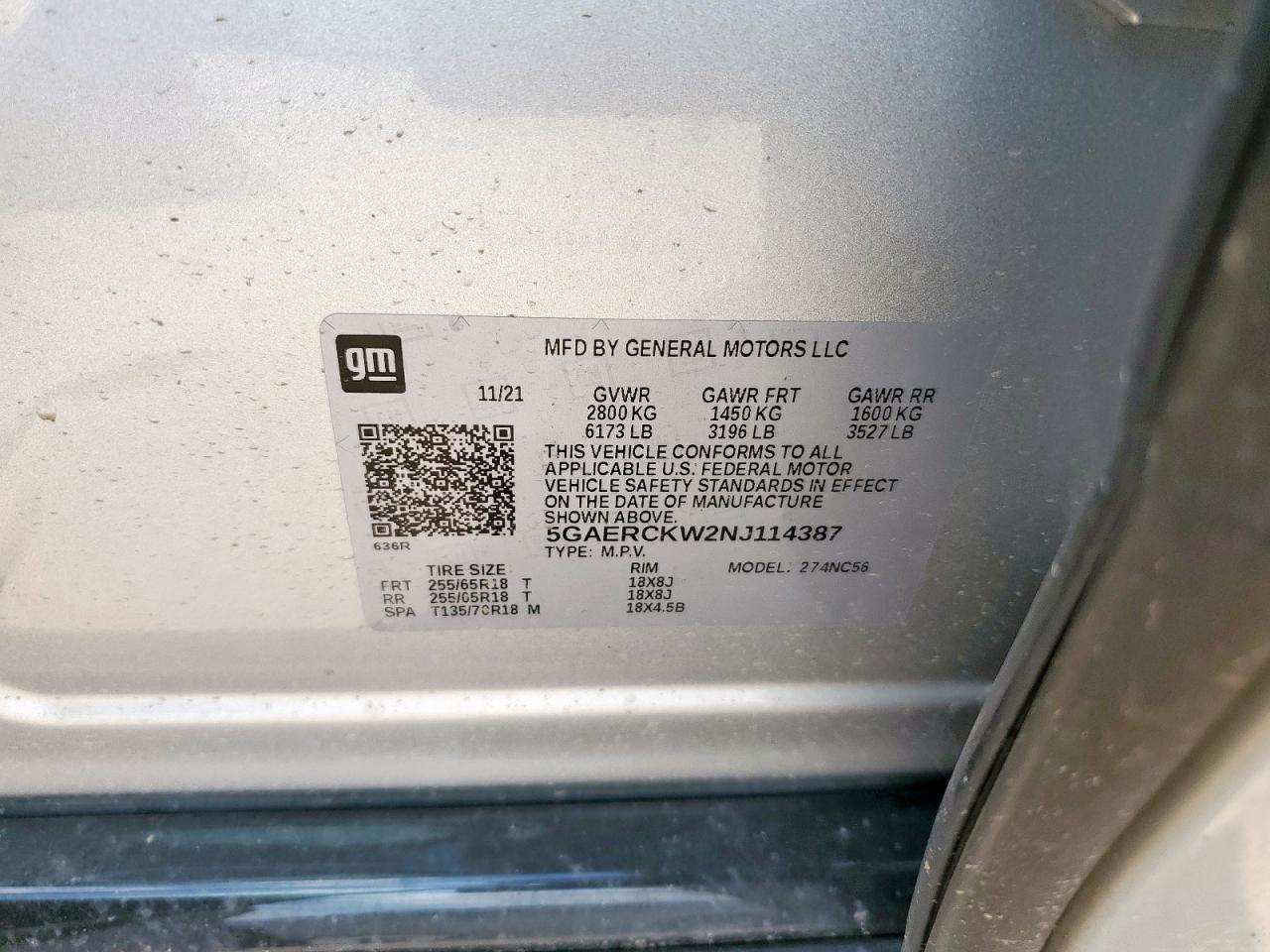 2022 Buick Enclave Premium VIN: 5GAERCKW2NJ114387 Lot: 59786595