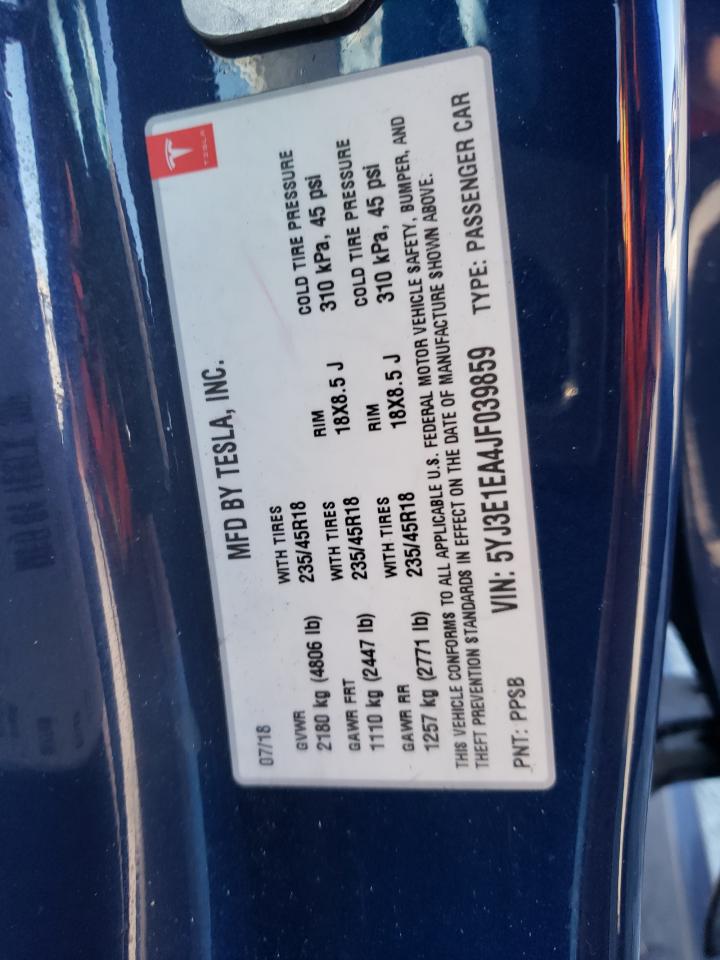 2018 Tesla Model 3 VIN: 5YJ3E1EA4JF039859 Lot: 62235375