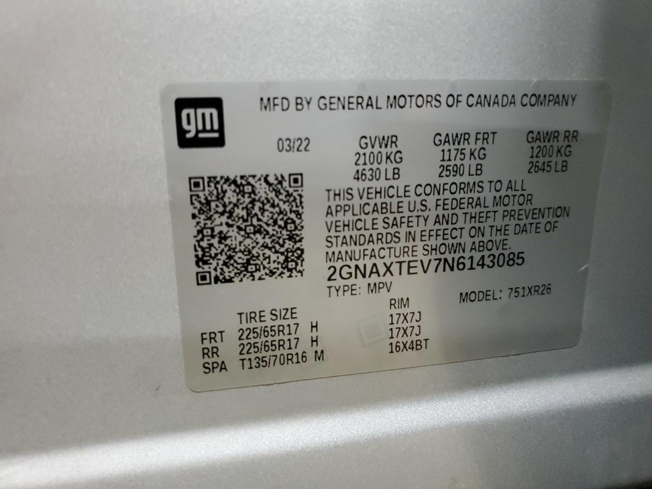 2022 Chevrolet Equinox Lt VIN: 2GNAXTEV7N6143085 Lot: 61781595