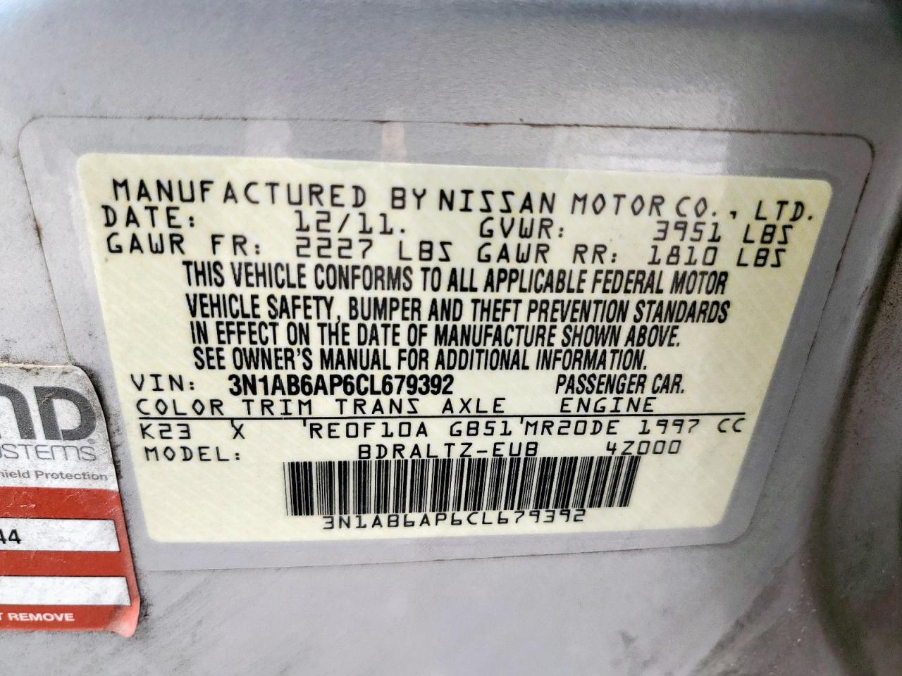 2012 Nissan Sentra 2.0 VIN: 3N1AB6AP6CL679392 Lot: 62902065