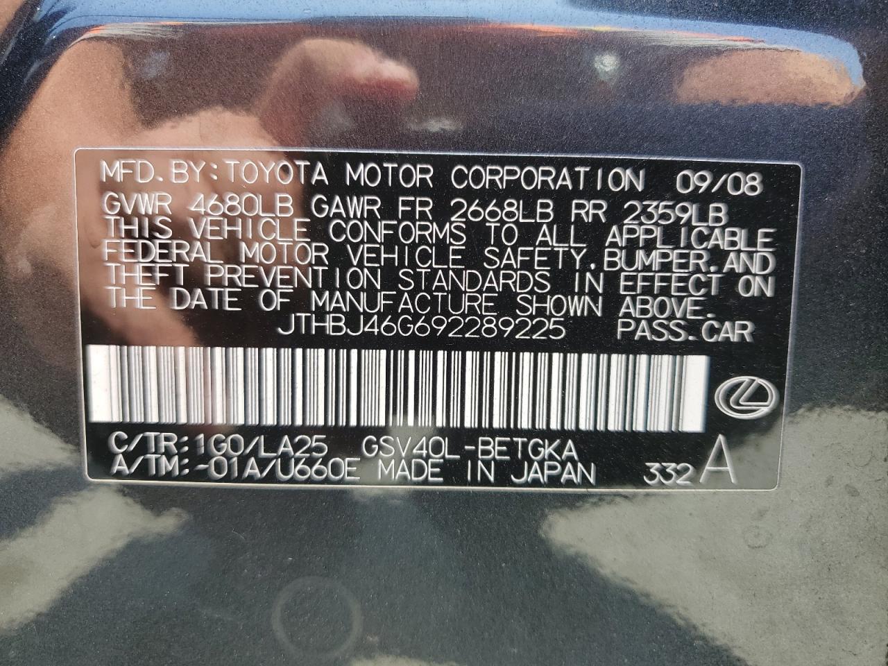 2009 Lexus Es 350 VIN: JTHBJ46G692289225 Lot: 59788345