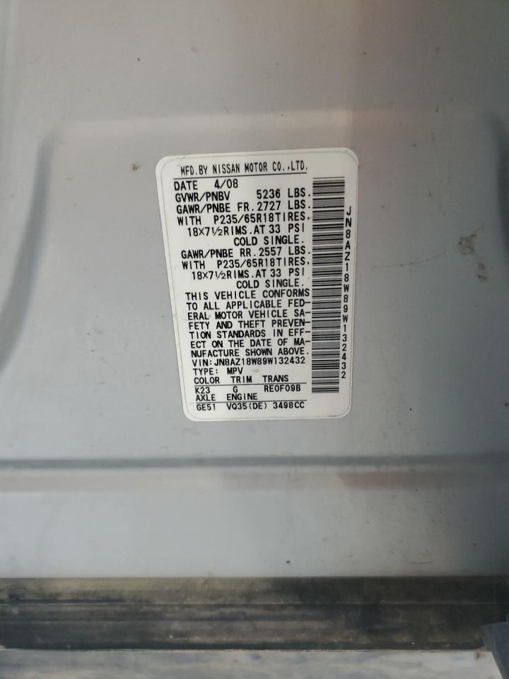 2009 Nissan Murano S VIN: JN8AZ18W89W132432 Lot: 61936875