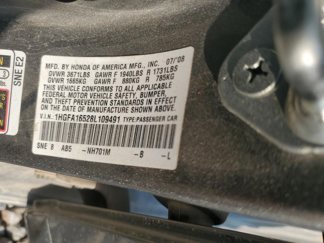 2008 Honda Civic Lx VIN: 1HGFA16528L109491 Lot: 66443465