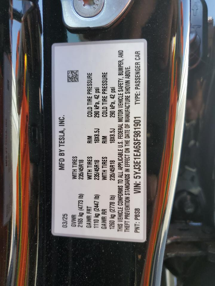 2025 Tesla Model 3 VIN: 5YJ3E1EA6SF981901 Lot: 62789315
