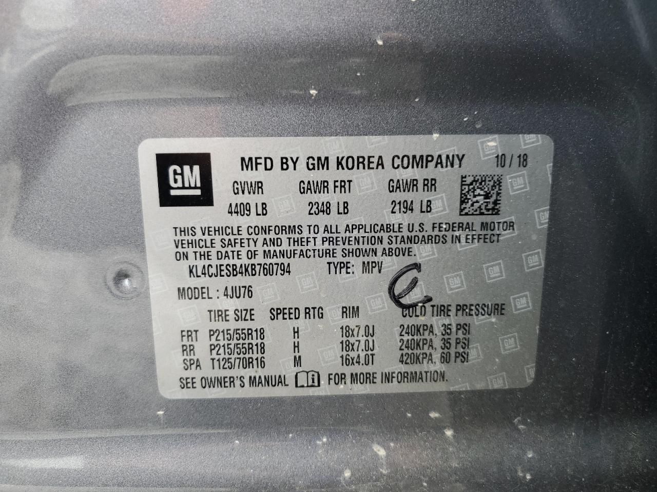 2019 Buick Encore Preferred VIN: KL4CJESB4KB760794 Lot: 60052075