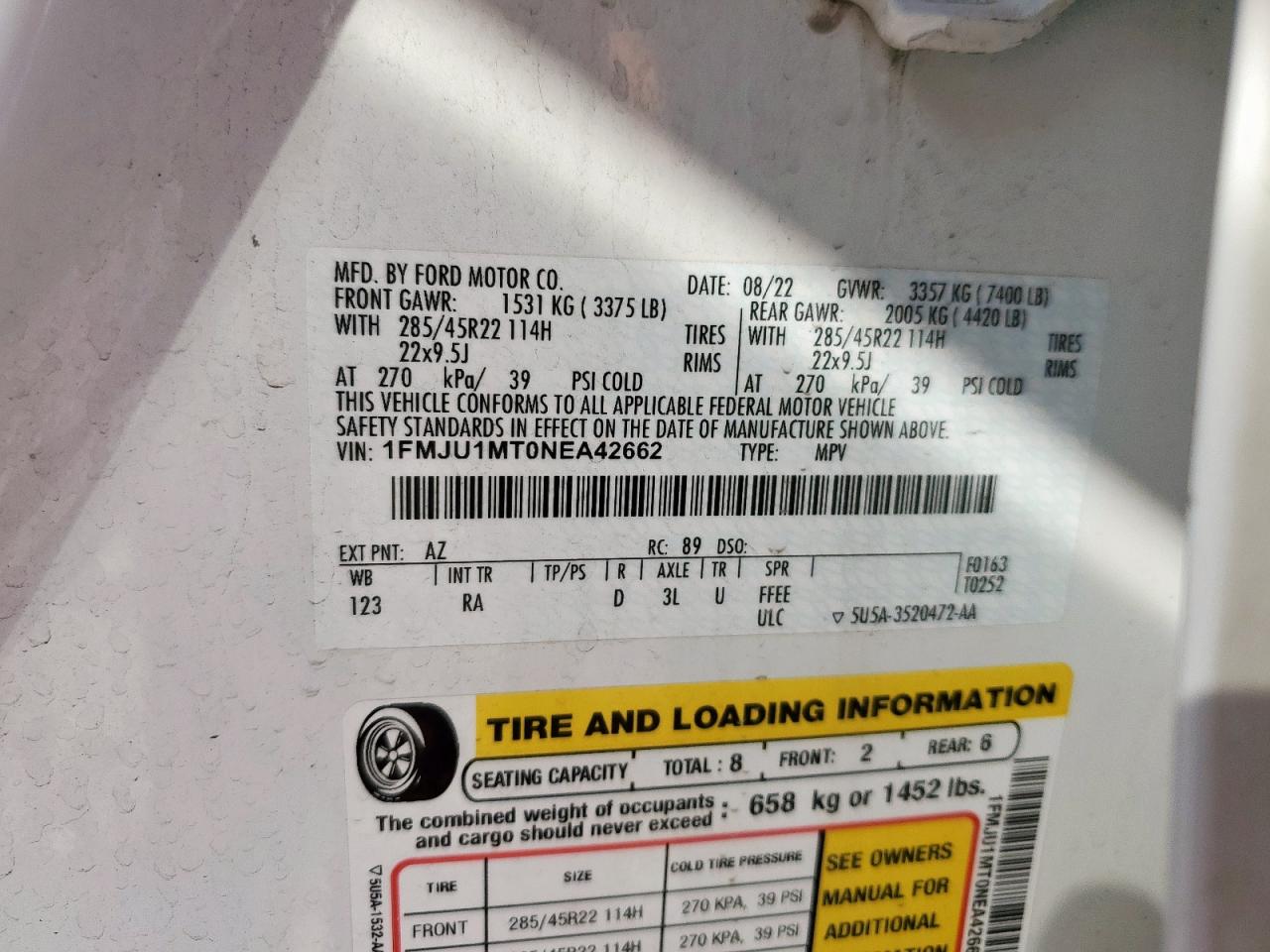 2022 Ford Expedition Platinum VIN: 1FMJU1MT0NEA42662 Lot: 62897885