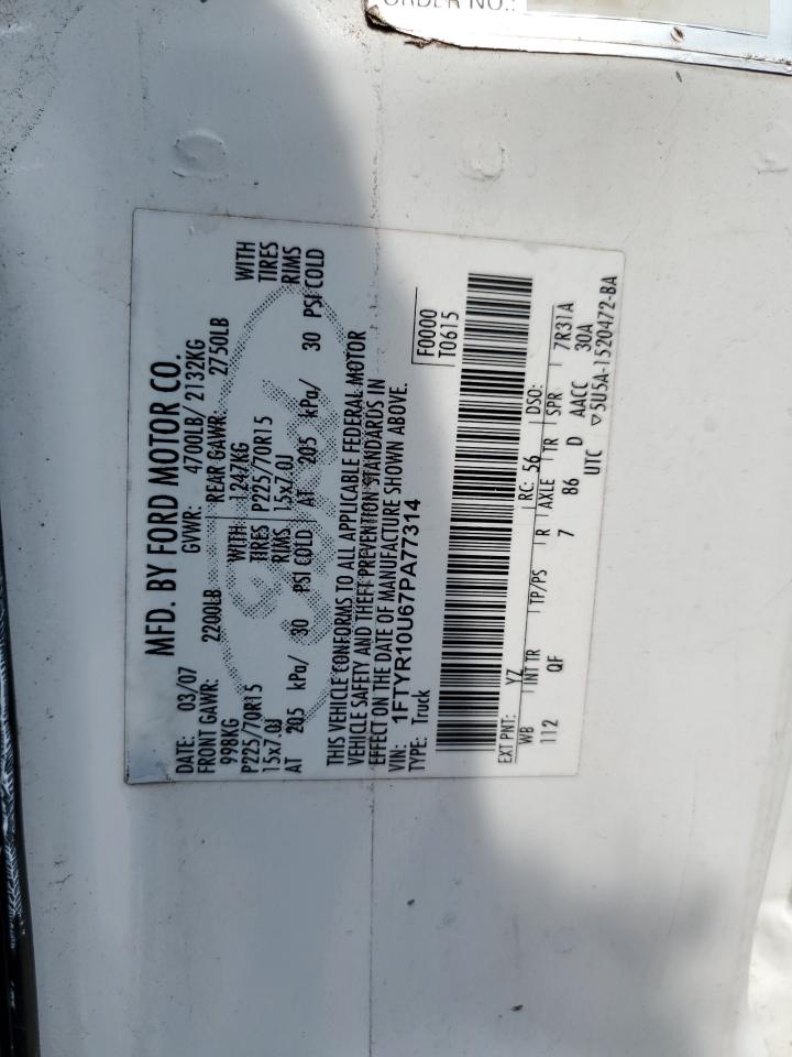 2007 Ford Ranger VIN: 1FTYR10U67PA77314 Lot: 59136055