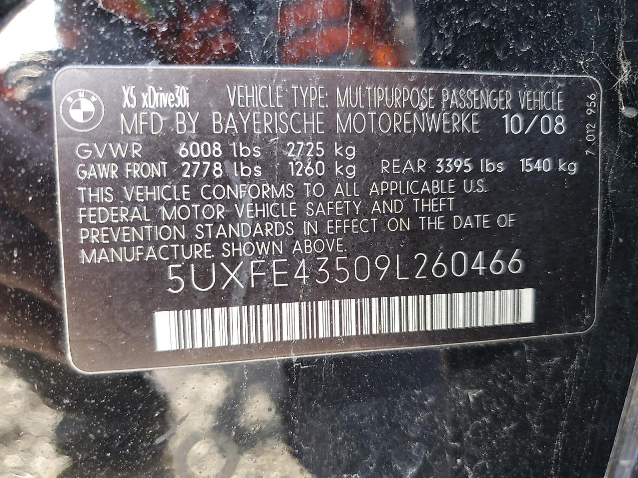 2009 BMW X5 xDrive30I VIN: 5UXFE43509L260466 Lot: 62123495