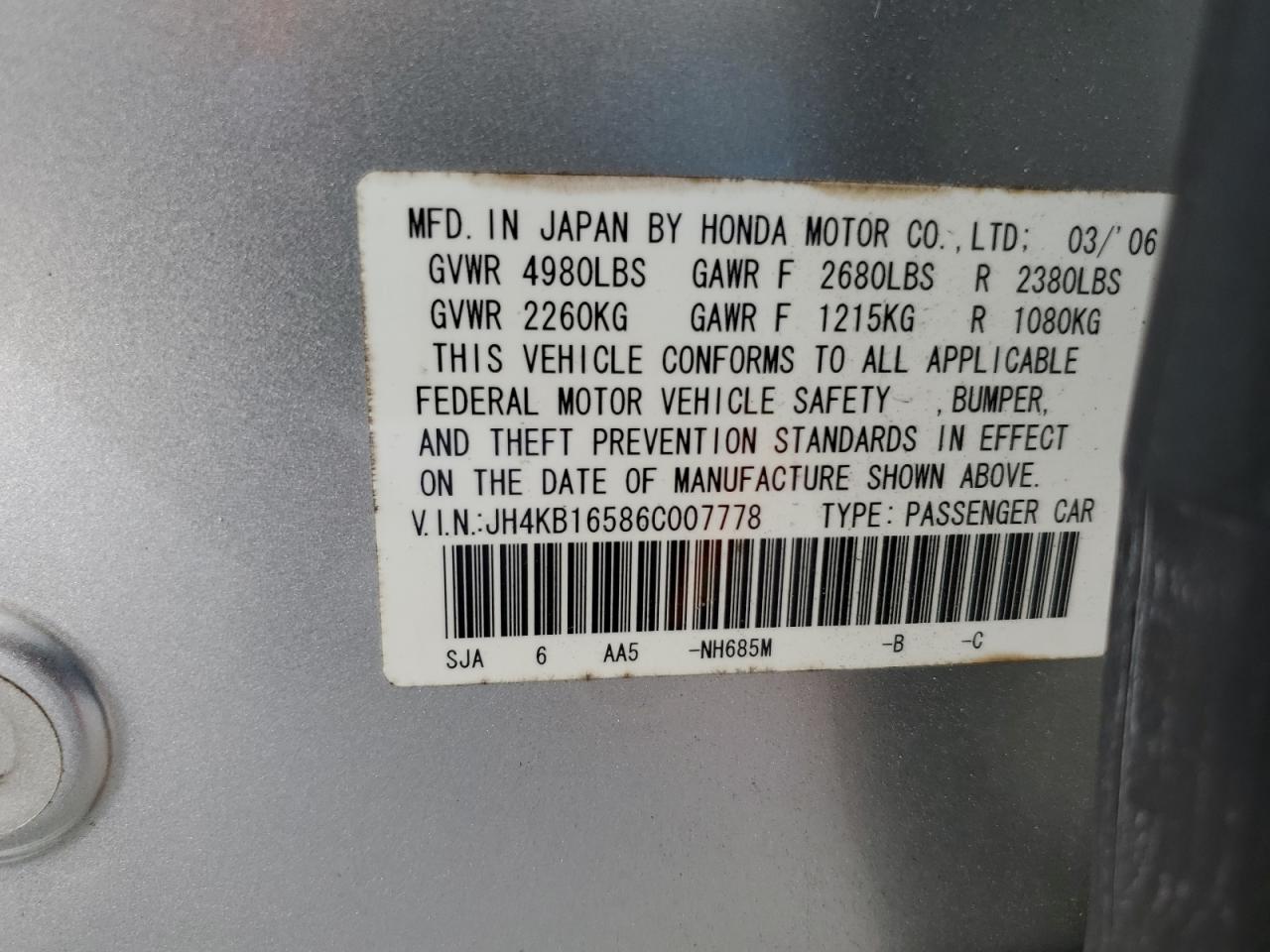2006 Acura Rl VIN: JH4KB16586C007778 Lot: 61297845