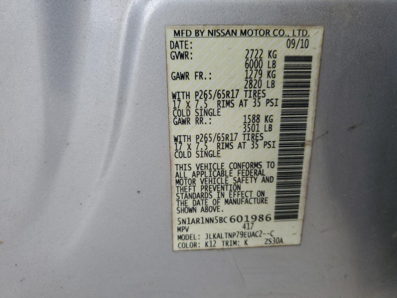 2011 Nissan Pathfinder S VIN: 5N1AR1NN5BC601986 Lot: 62945145