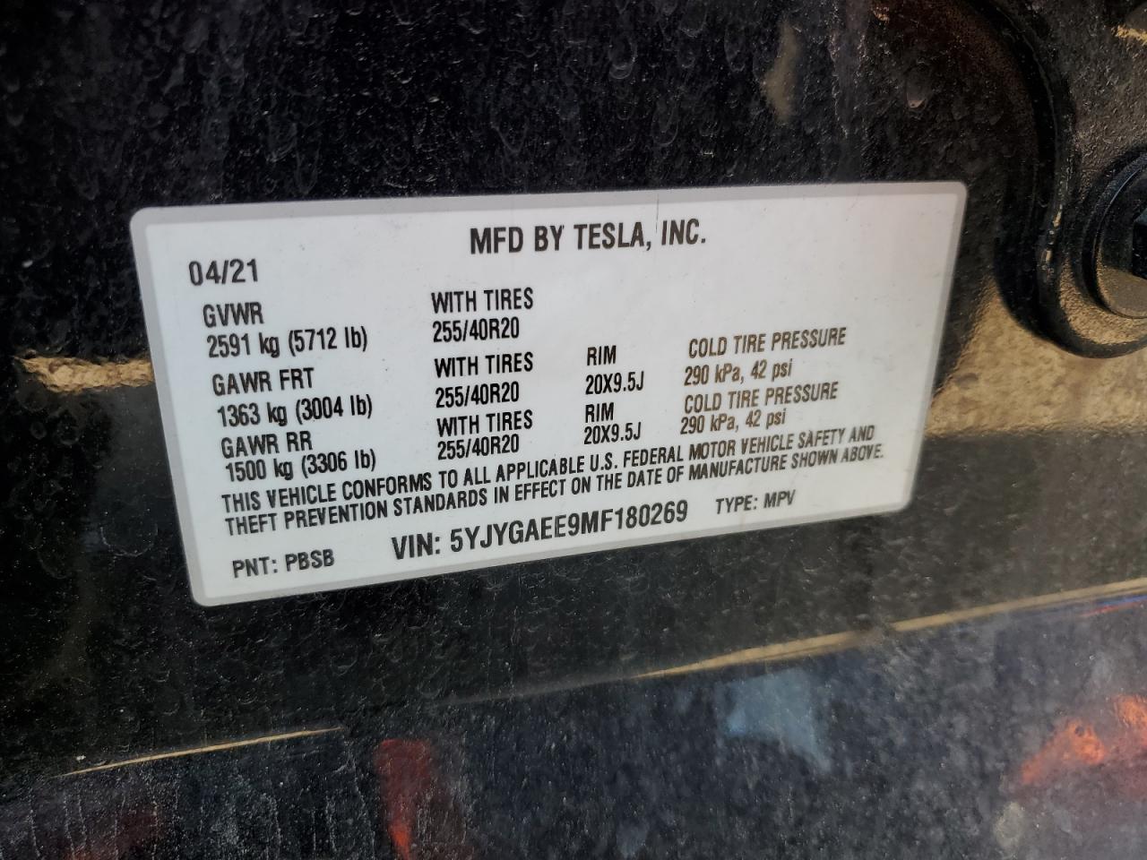 2021 Tesla Model Y VIN: 5YJYGAEE9MF180269 Lot: 63075815