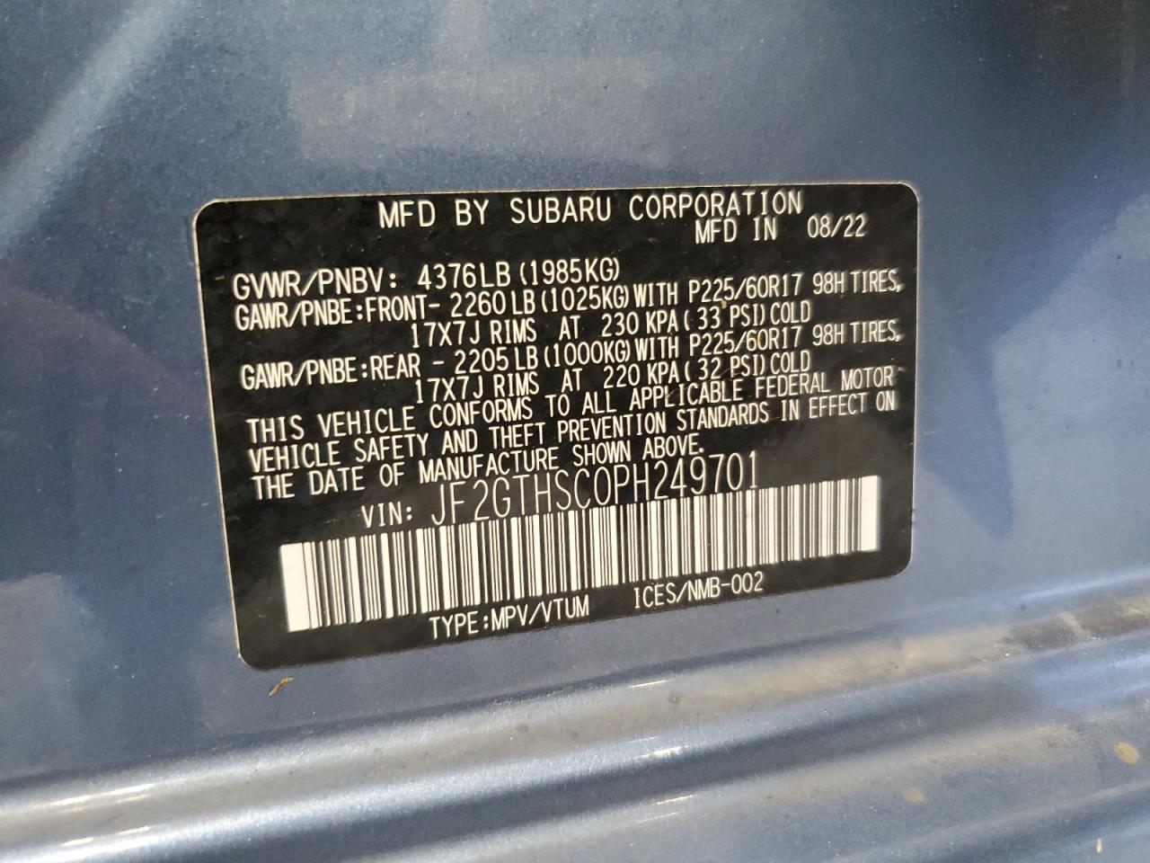 2023 Subaru Crosstrek Sport VIN: JF2GTHSC0PH249701 Lot: 62566425