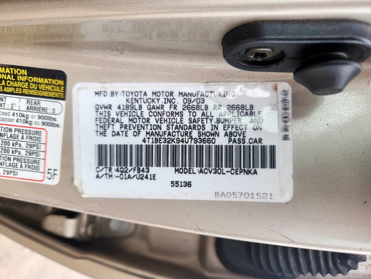 2004 Toyota Camry Le VIN: 4T1BE32K94U793660 Lot: 60443895