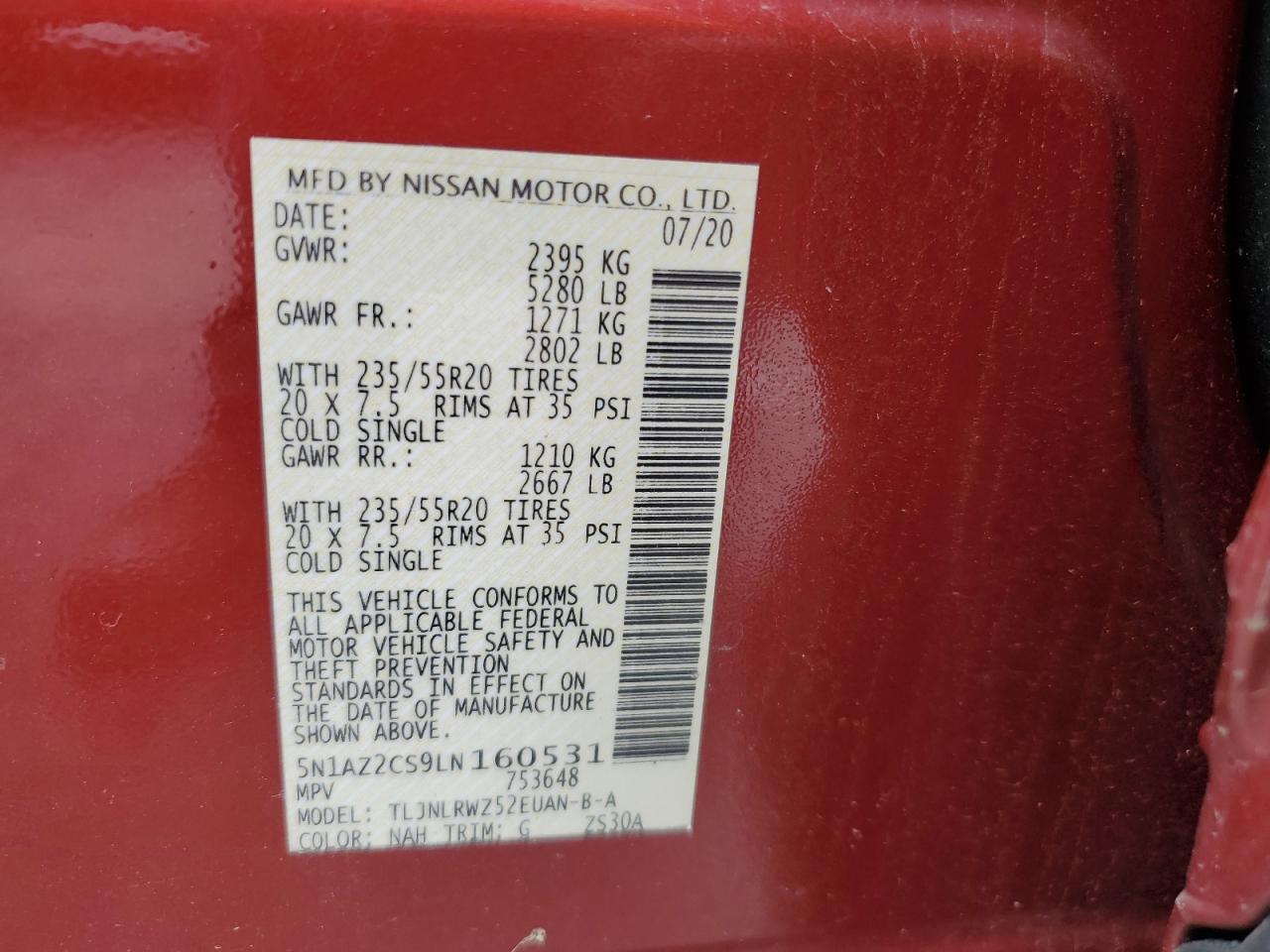 2020 Nissan Murano Sl VIN: 5N1AZ2CS9LN160531 Lot: 62864255