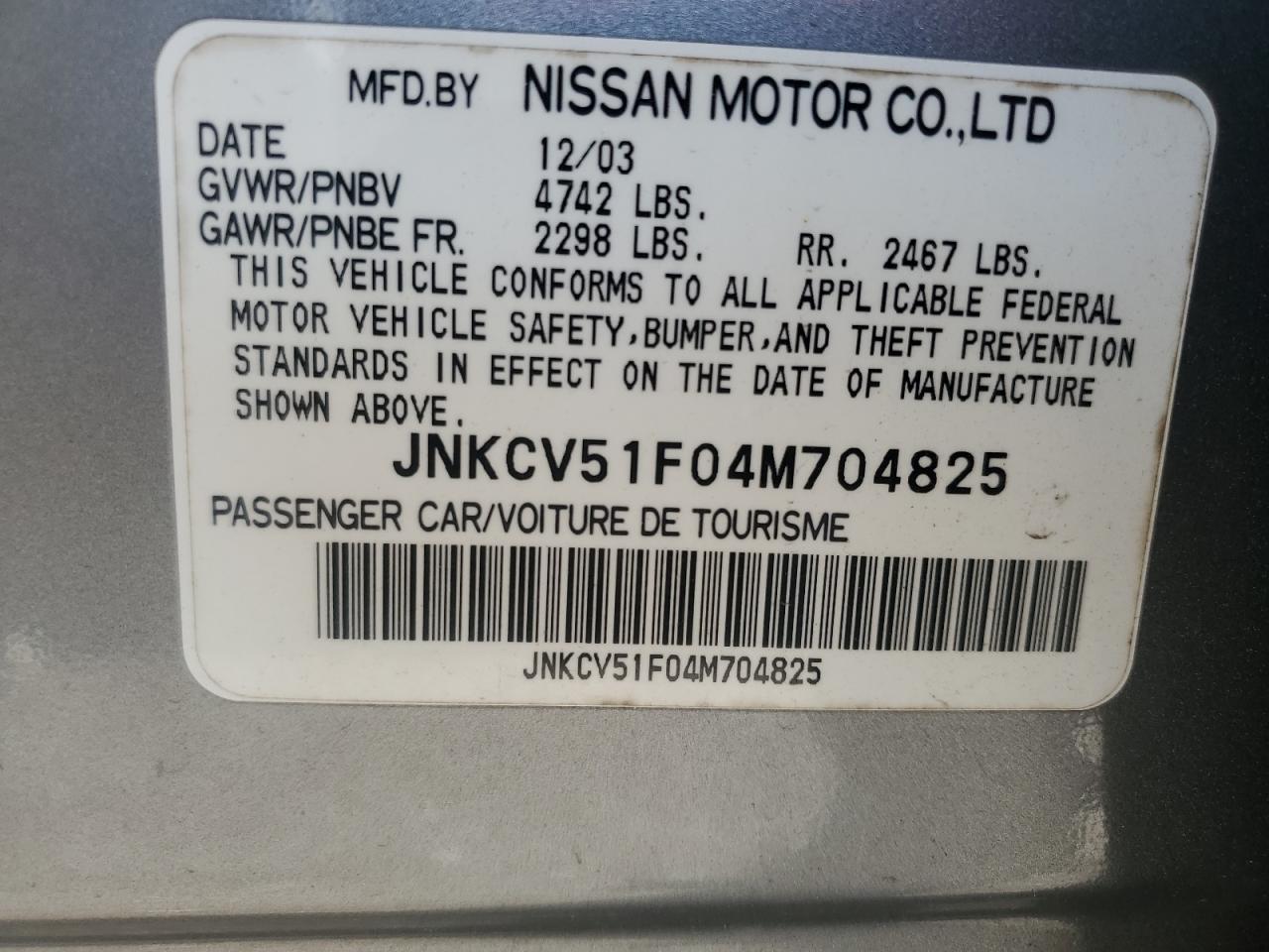 2004 Infiniti G35 VIN: JNKCV51F04M704825 Lot: 61494755