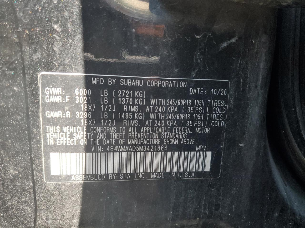 2021 Subaru Ascent VIN: 4S4WMAAD5M3421864 Lot: 61326145
