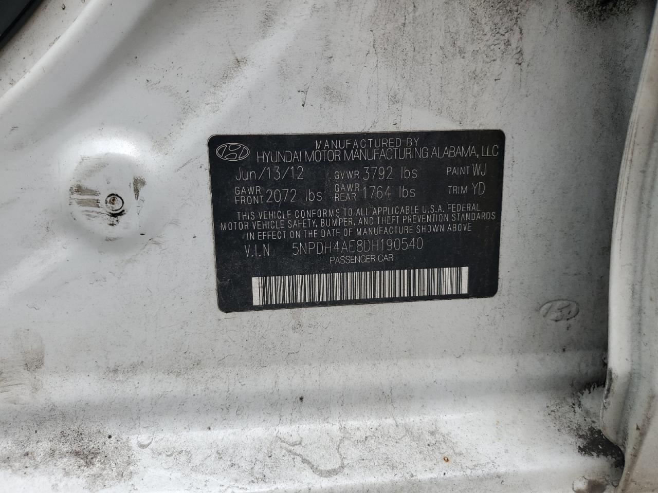 2013 Hyundai Elantra Gls VIN: 5NPDH4AE8DH190540 Lot: 60674695