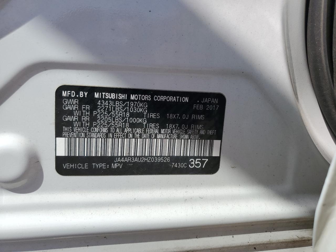 2017 Mitsubishi Outlander Sport Es VIN: JA4AR3AU2HZ039526 Lot: 62500165