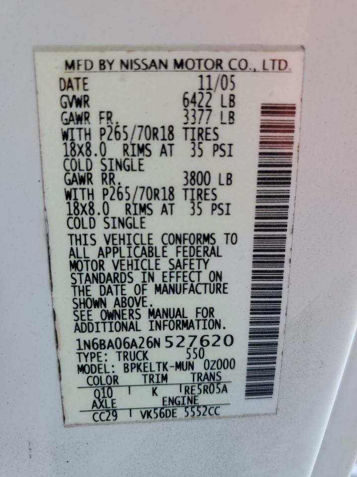 2006 Nissan Titan Xe VIN: 1N6BA06A26N527620 Lot: 59466975