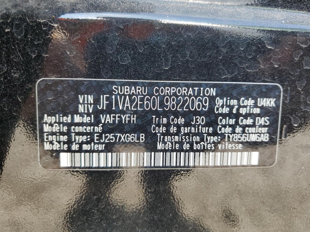 2020 Subaru Wrx Sti VIN: JF1VA2E60L9822069 Lot: 60722935