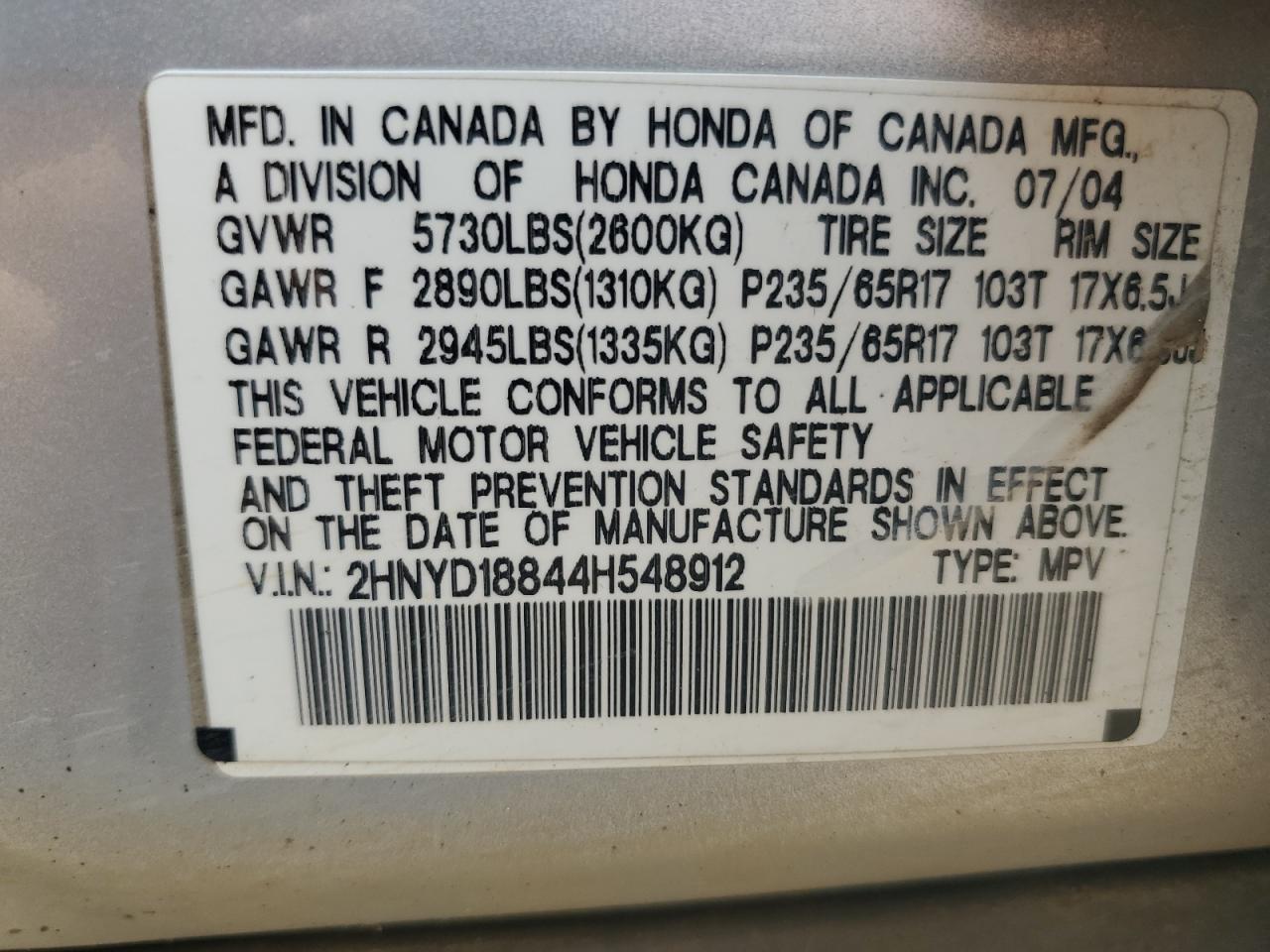 2004 Acura Mdx Touring VIN: 2HNYD18844H548912 Lot: 61451385