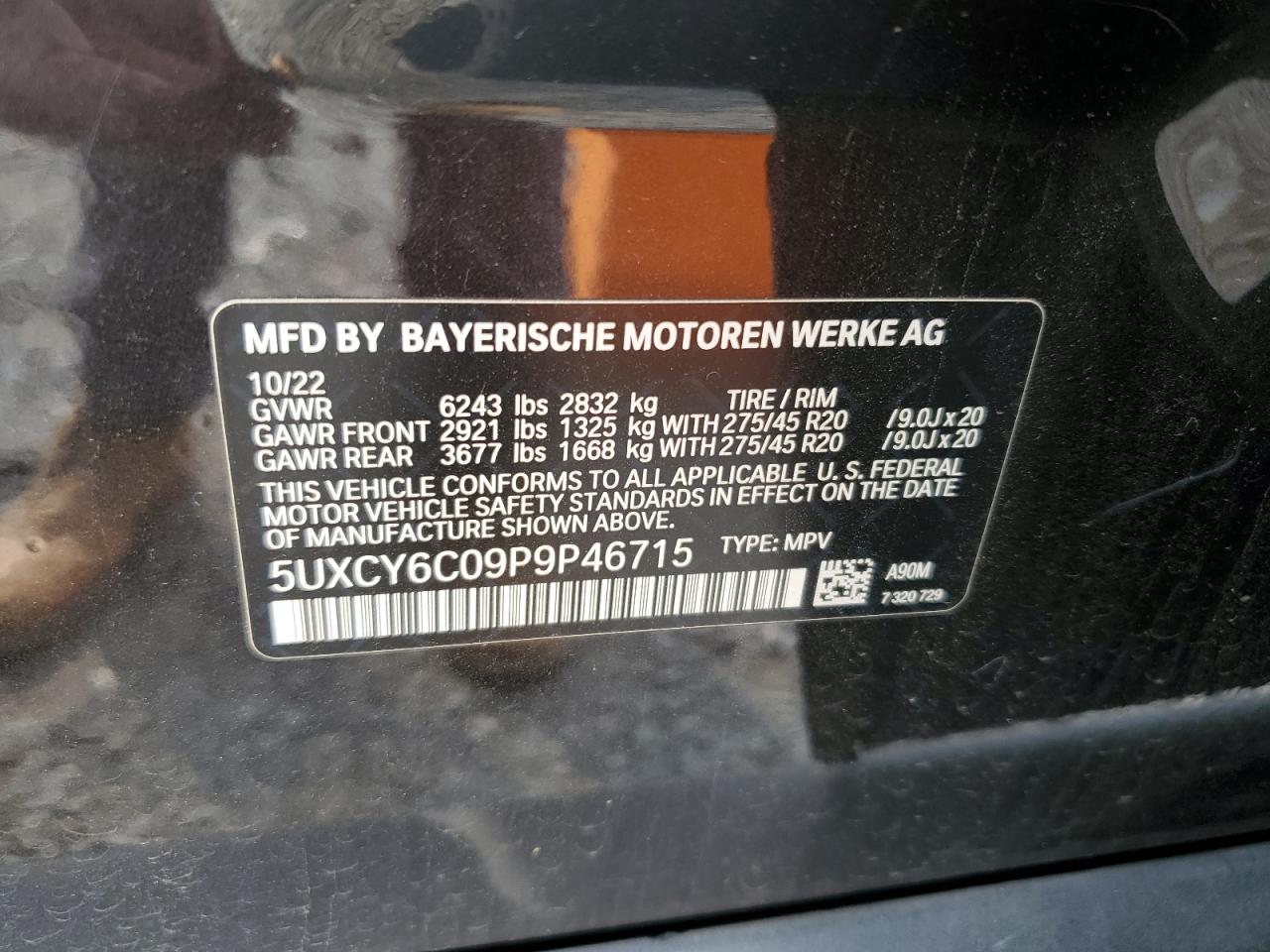 2023 BMW X6 xDrive40I VIN: 5UXCY6C09P9P46715 Lot: 60330935