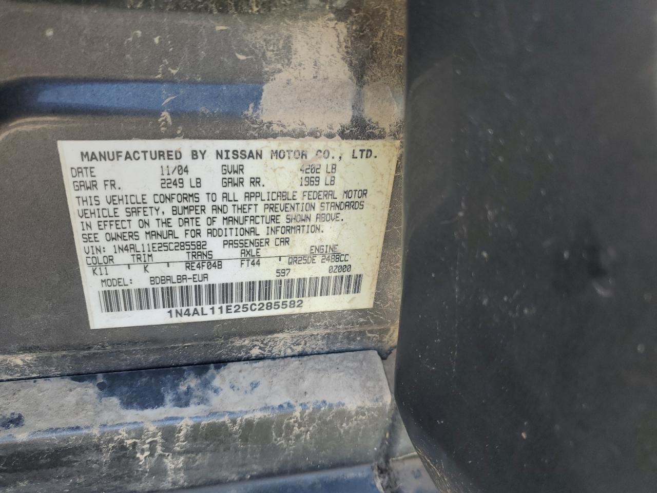 2005 Nissan Altima S VIN: 1N4AL11E25C285582 Lot: 60803895