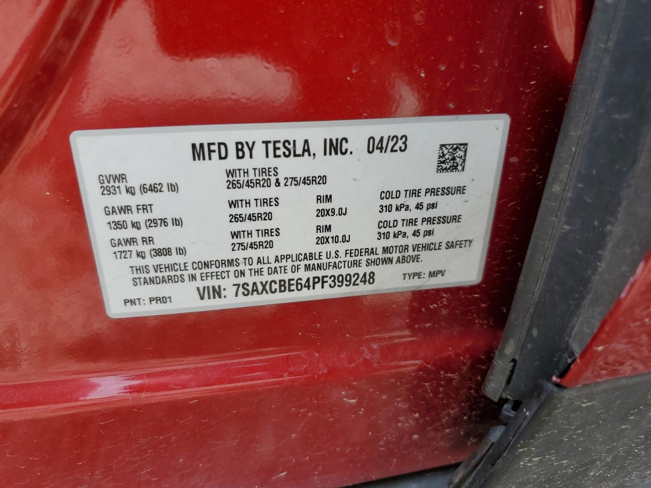 2023 Tesla Model X VIN: 7SAXCBE64PF399248 Lot: 59782825