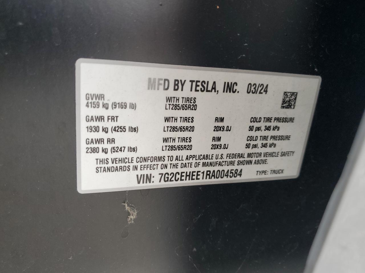2024 Tesla Cybertruck VIN: 7G2CEHEE1RA004584 Lot: 56677845