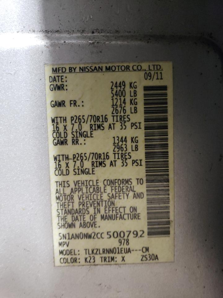 2012 Nissan Xterra Off Road VIN: 5N1AN0NW2CC500792 Lot: 62937675