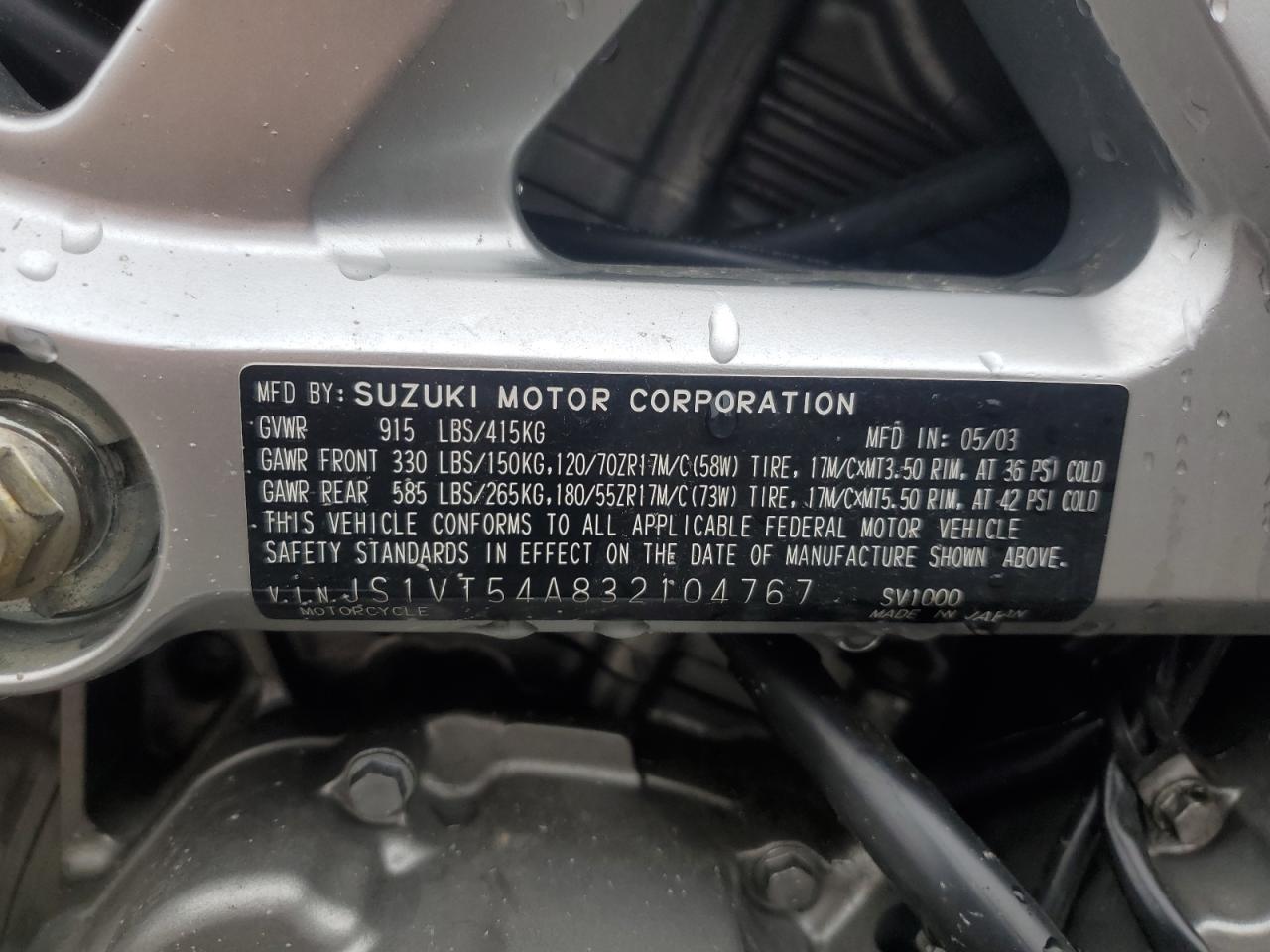 2003 Suzuki Sv1000 Sk3 VIN: JS1VT54A832104767 Lot: 60093655