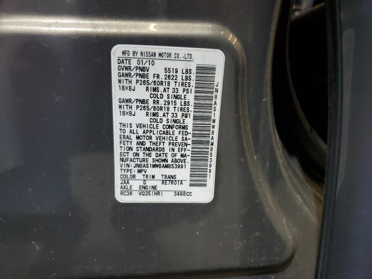 2010 Infiniti Fx35 VIN: JN8AS1MW8AM853991 Lot: 59145945