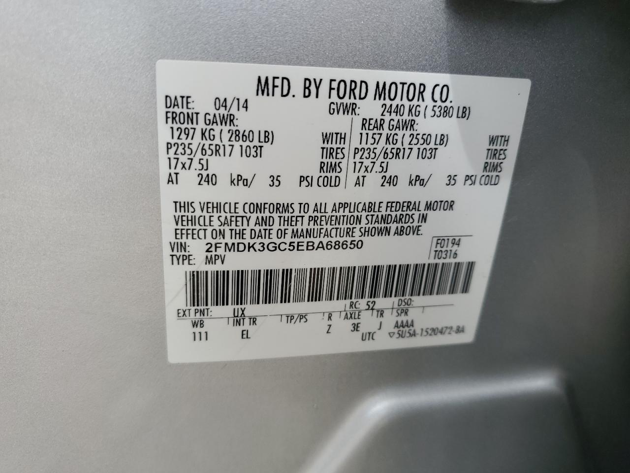 2014 Ford Edge Se VIN: 2FMDK3GC5EBA68650 Lot: 61167735