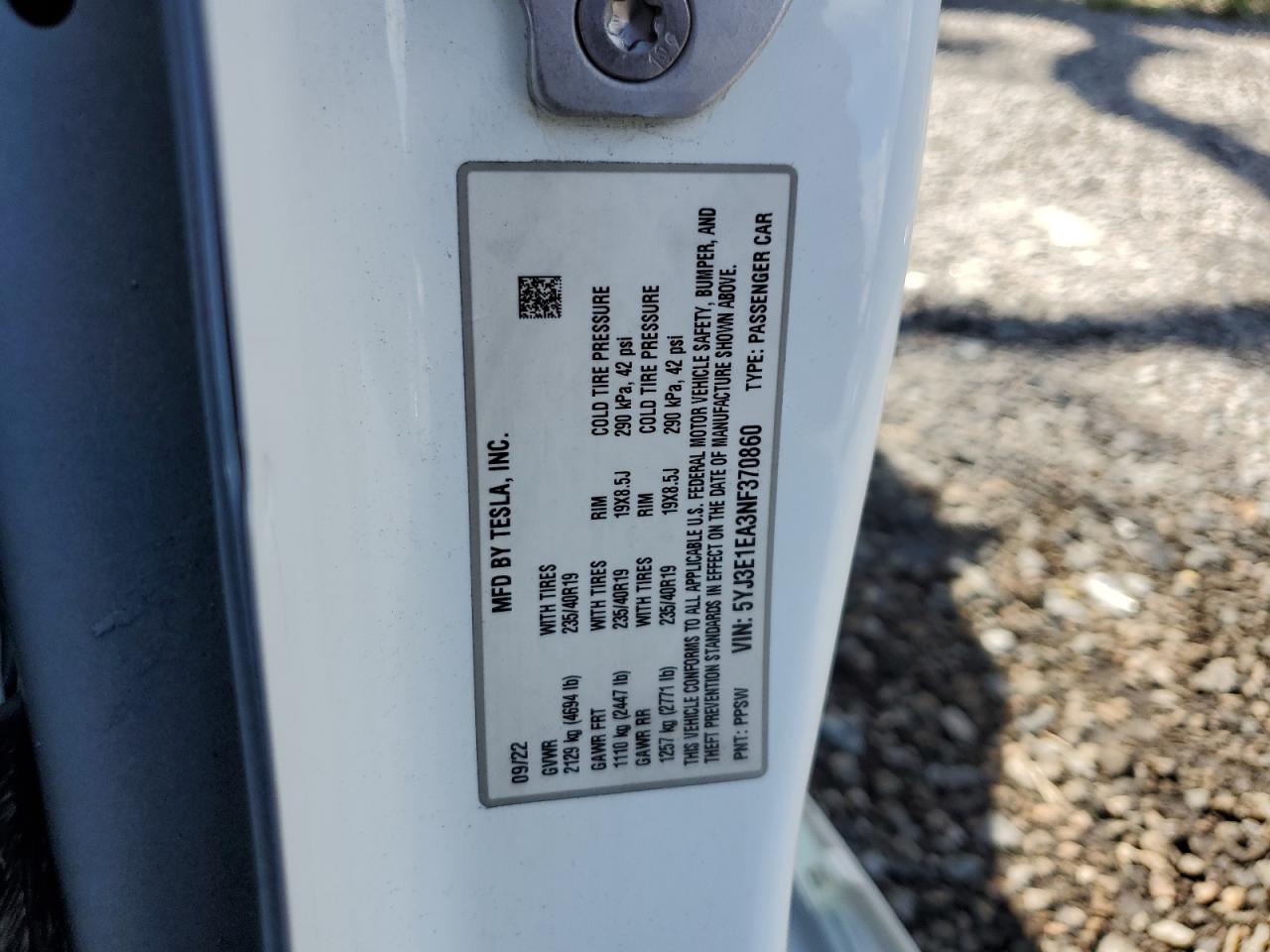 TESLA MODEL 3 2022 VIN 5YJ3E1EA3NF370860 zdjęcie 13