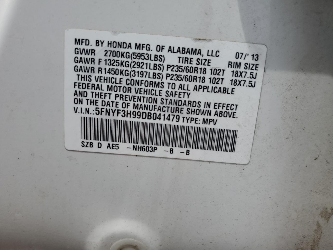 2013 Honda Pilot Touring VIN: 5FNYF3H99DB041479 Lot: 60619025