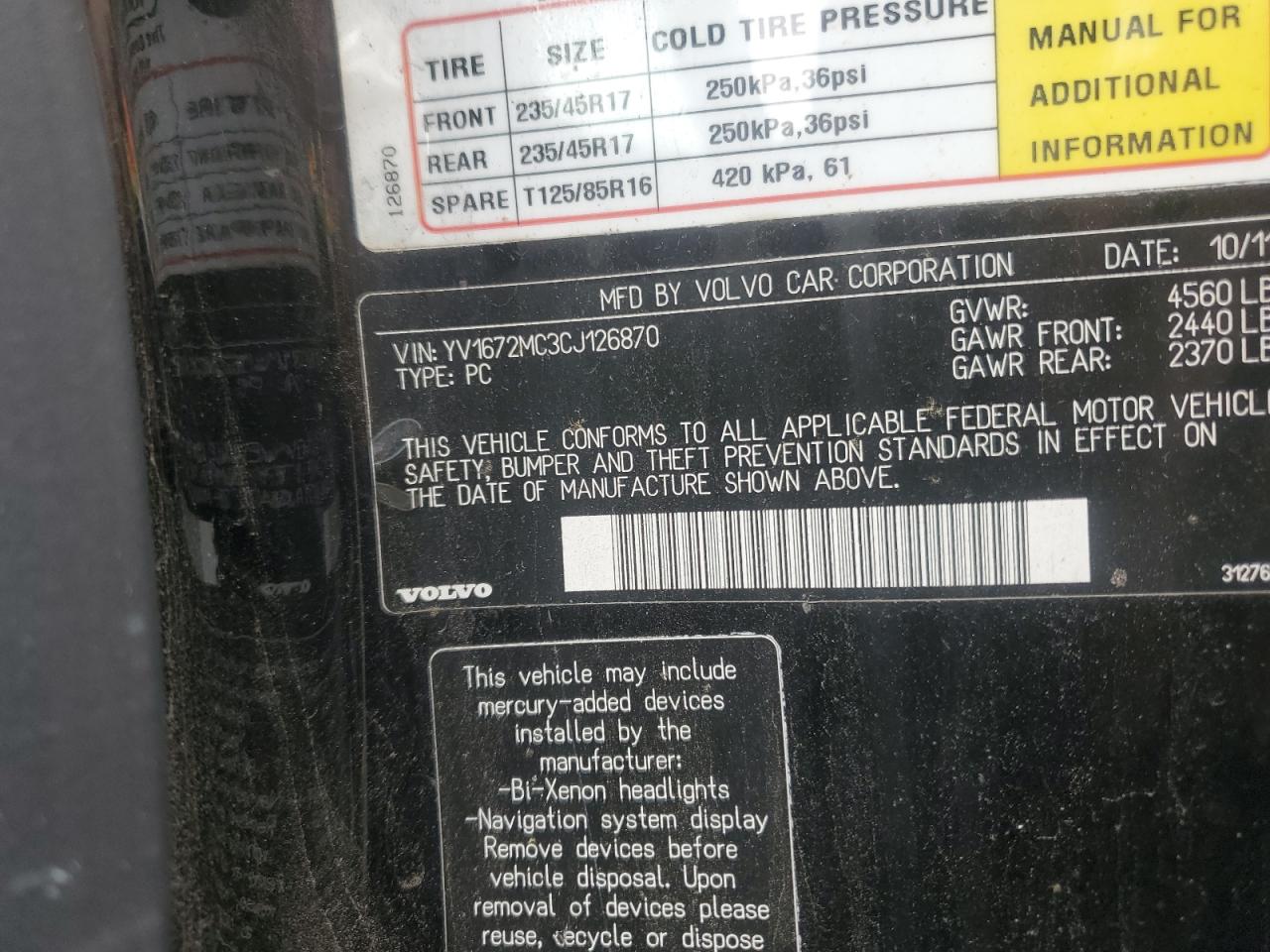 2012 Volvo C70 T5 VIN: YV1672MC3CJ126870 Lot: 59865385
