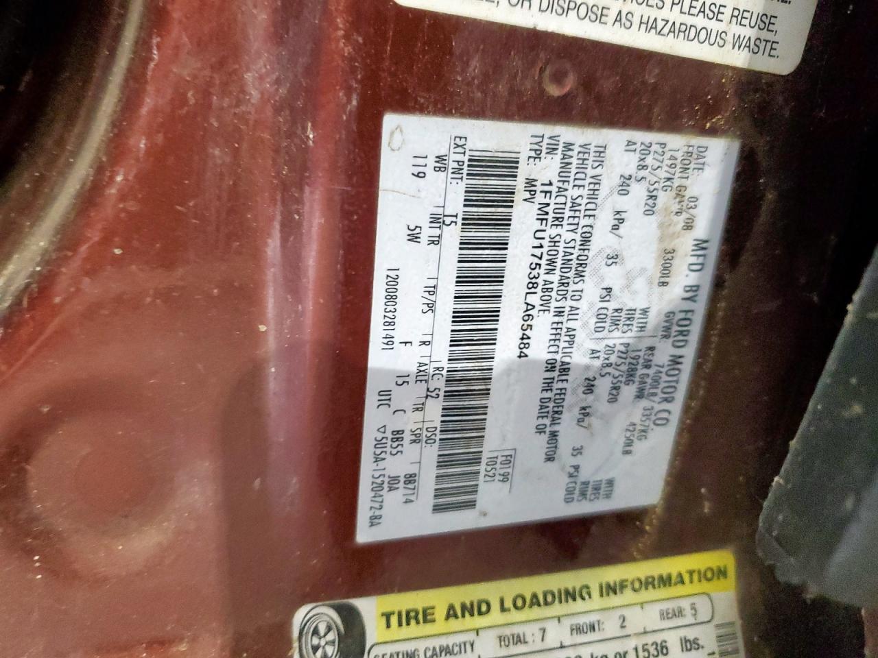 2008 Ford Expedition Eddie Bauer VIN: 1FMFU17538LA65484 Lot: 59792765