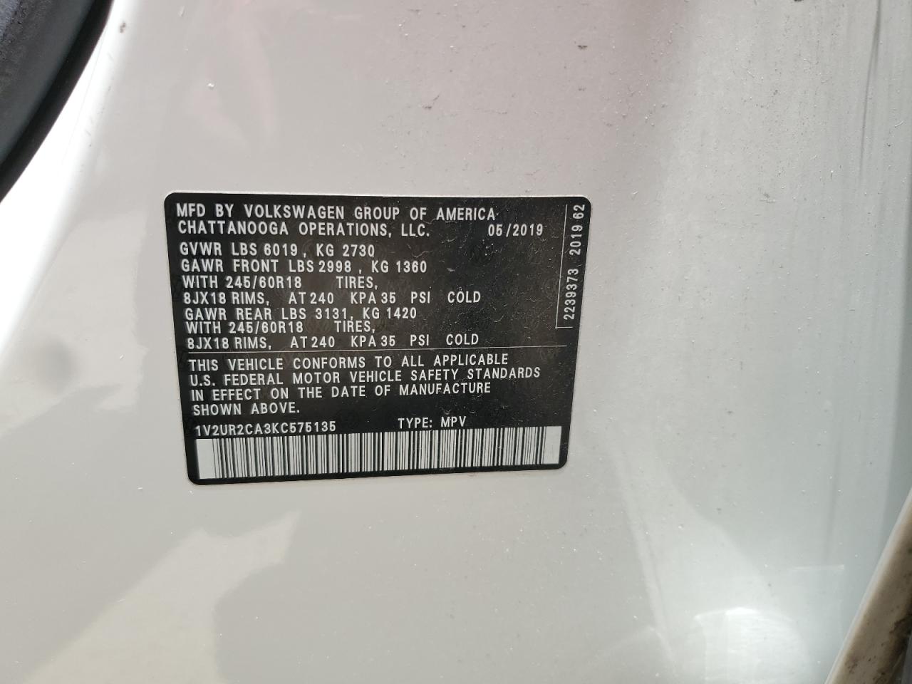 2019 Volkswagen Atlas Se VIN: 1V2UR2CA3KC575135 Lot: 60476215