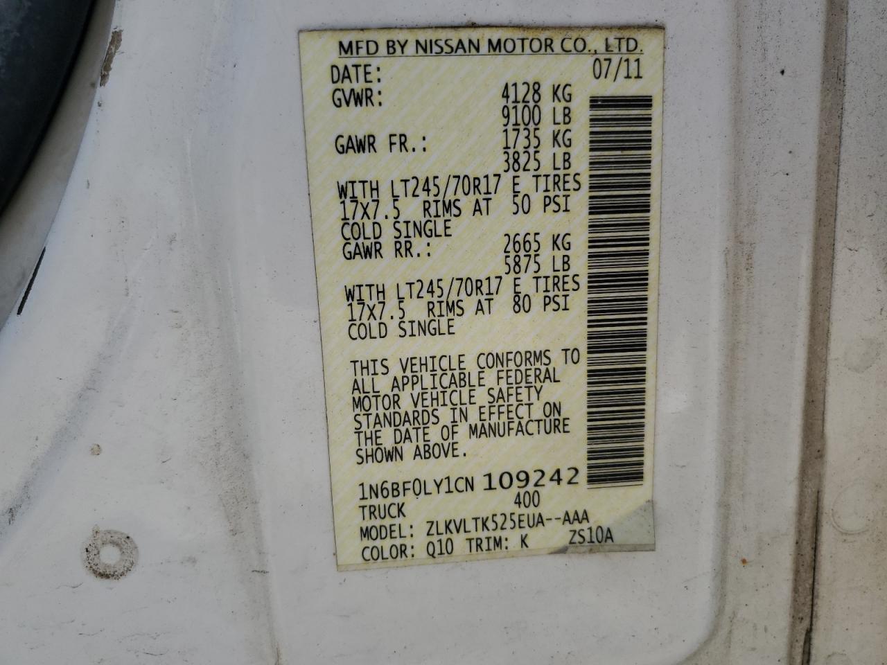 2012 Nissan Nv 2500 VIN: 1N6BF0LY1CN109242 Lot: 62519095
