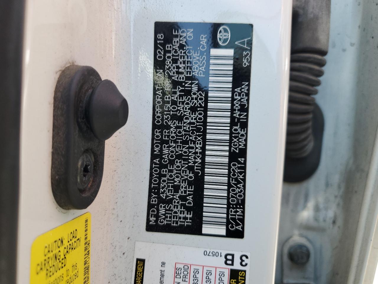 2018 Toyota C-Hr Xle VIN: JTNKHMBX1J1001202 Lot: 62200285