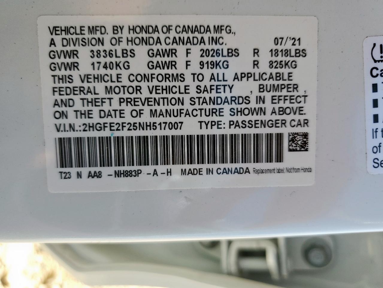 HONDA CIVIC 2022 VIN 2HGFE2F25NH517007 фото 13