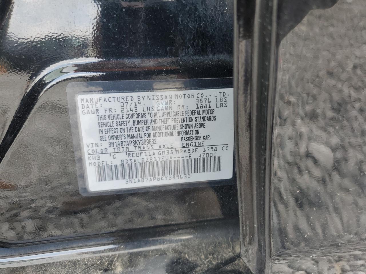 2019 Nissan Sentra S VIN: 3N1AB7AP8KY389632 Lot: 62651785