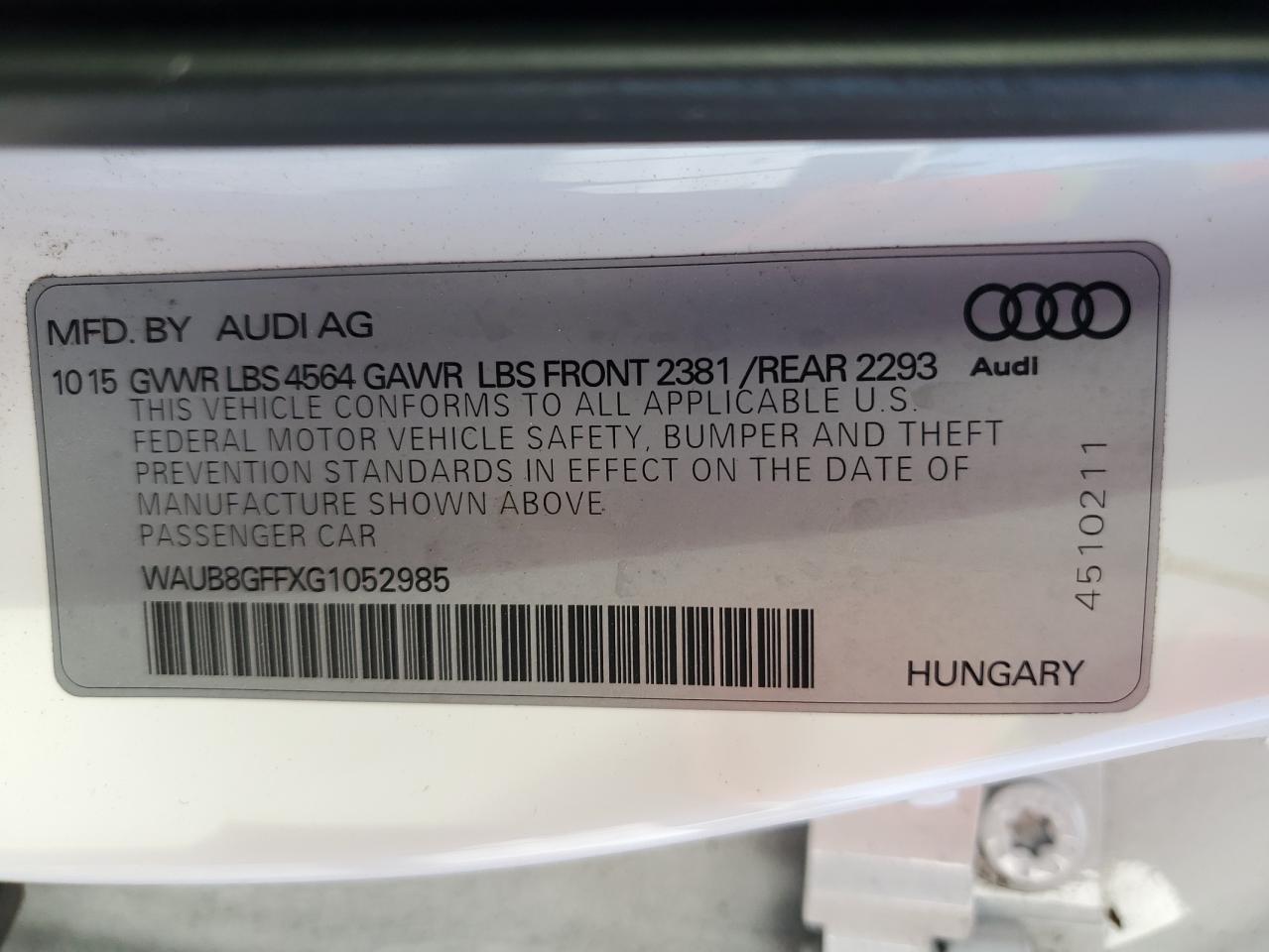 2016 Audi A3 Premium VIN: WAUB8GFFXG1052985 Lot: 62523245