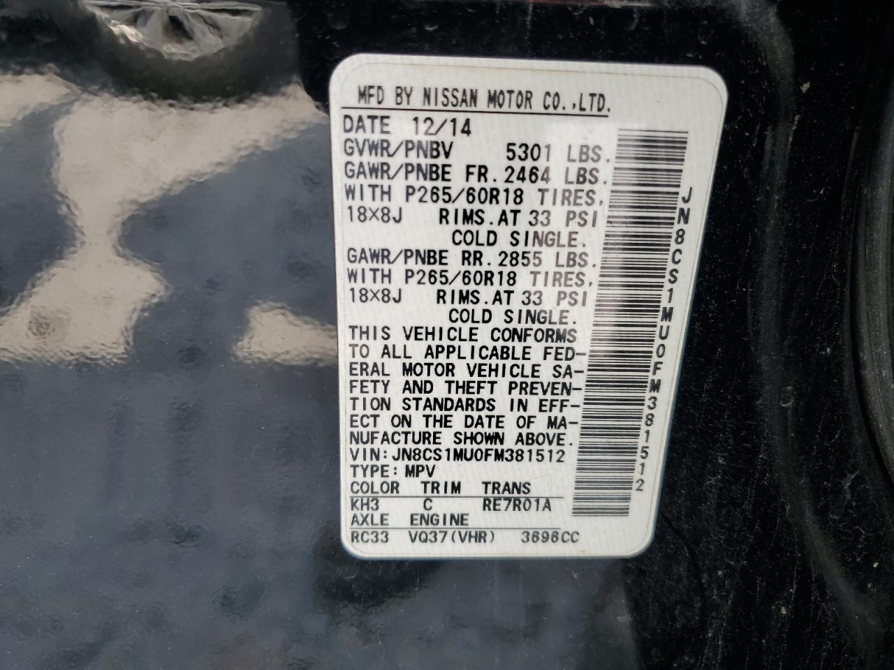 2015 Infiniti Qx70 VIN: JN8CS1MU0FM381512 Lot: 58560475