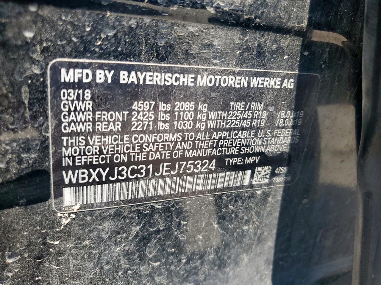 2018 BMW X2 Sdrive28I VIN: WBXYJ3C31JEJ75324 Lot: 60657165