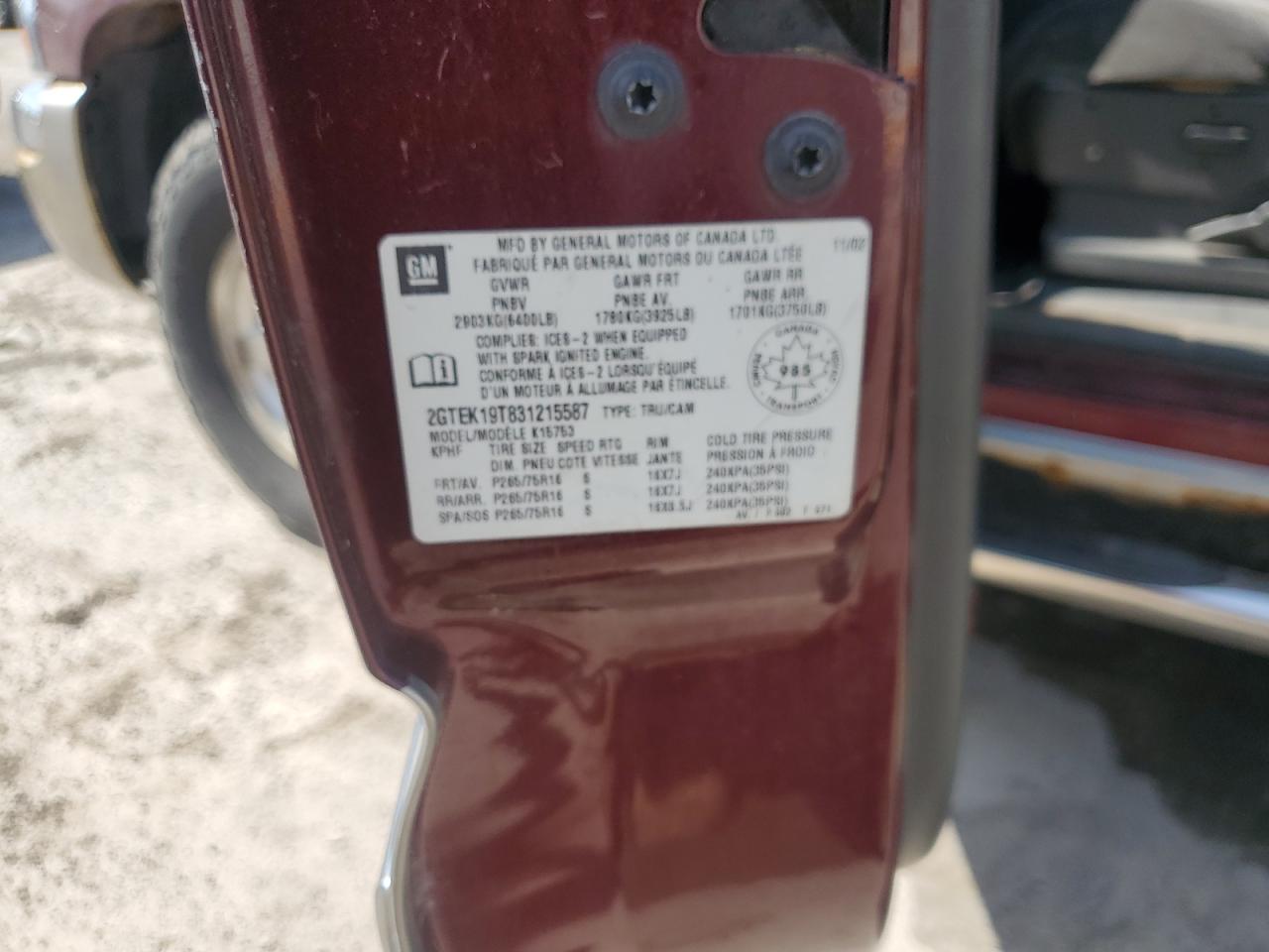 2003 GMC New Sierra K1500 VIN: 2GTEK19T831215587 Lot: 61679025