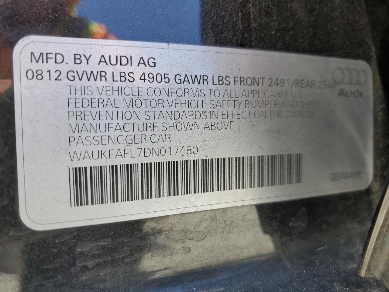 2013 Audi A4 Prestige VIN: WAUKFAFL7DN017480 Lot: 62147325